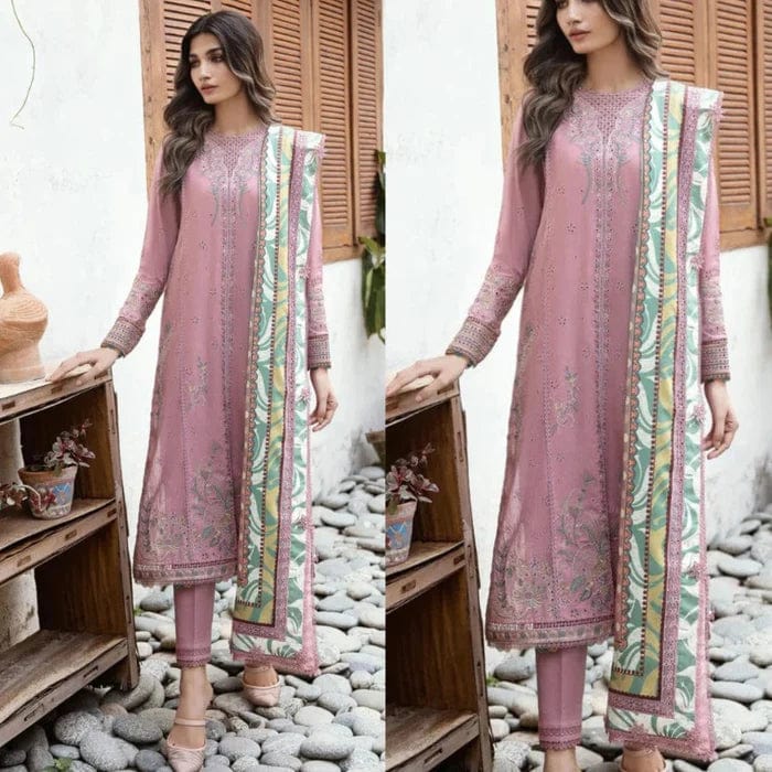 Jazmin 3Pc Embroidered Lawn Suit With Digital Printed Swiss Slub Dupatta