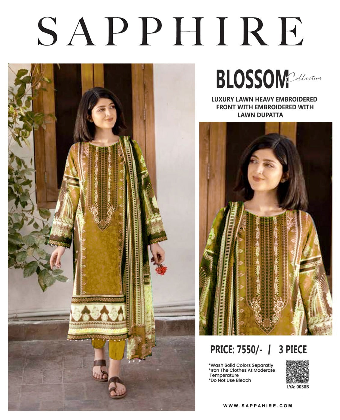 Sapphire 3Pc Printed Embroidered Lawn Suit With Digital Printed Lawn Dupatta
