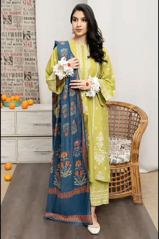 Urge 3Pc Embroidered Lawn Suit With Digital Printed Voil Dupatta