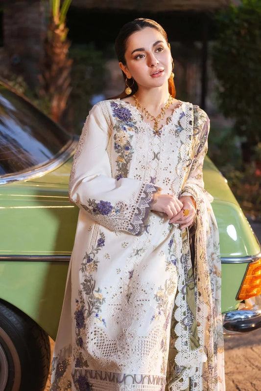 Qalamkar 3Pc Embroidered Lawn Suit With Khaadi Slub Dupatta