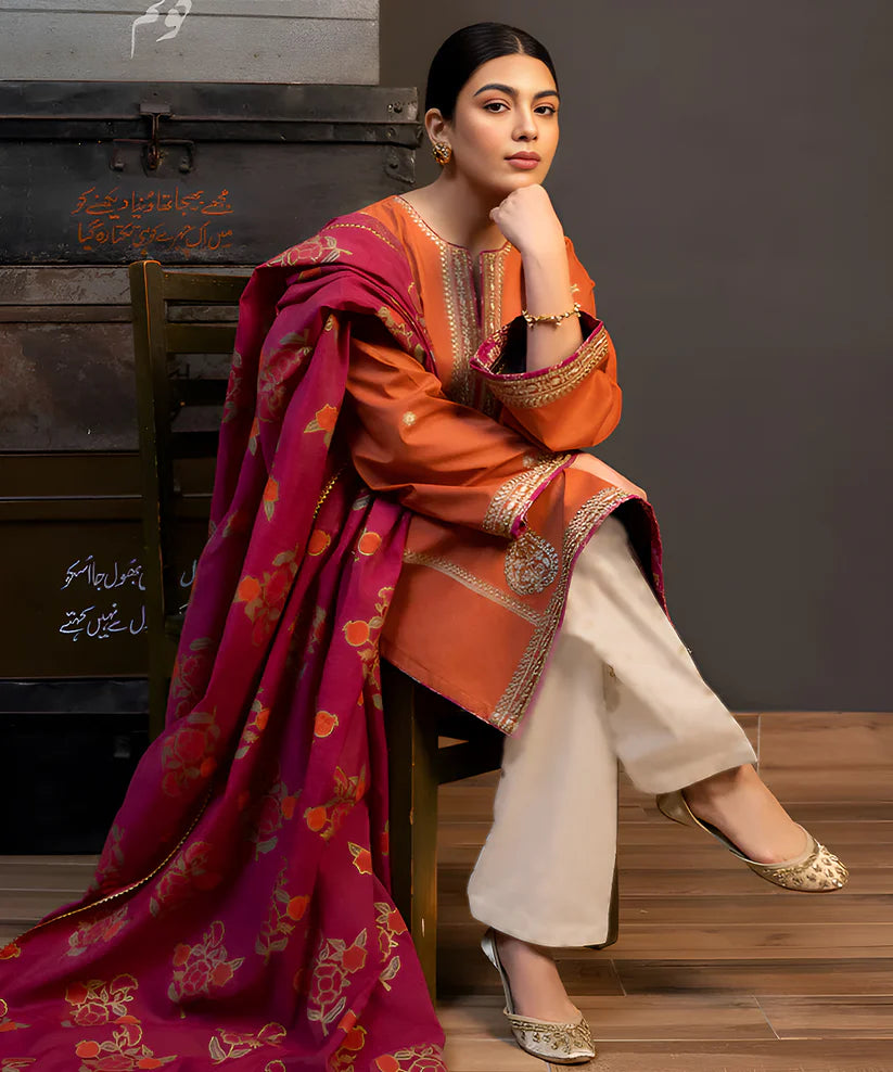 Kokum 3Pc Embroidered Lawn Suit With Digital Printed Voil Dupatta