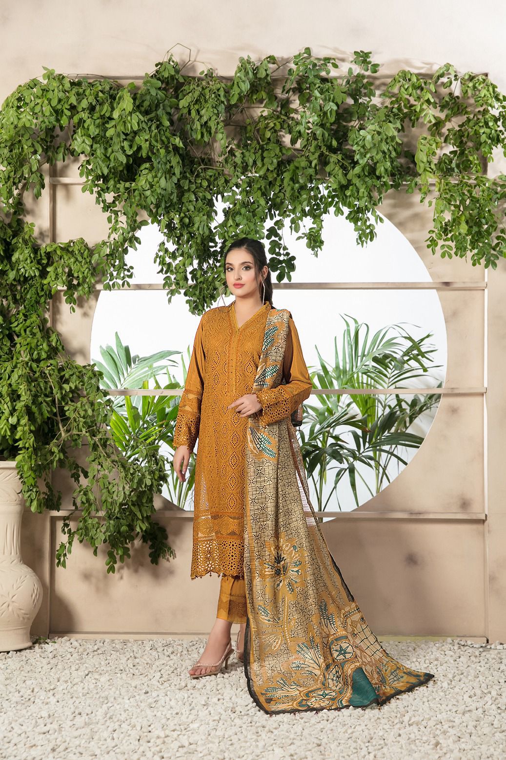 Khaadi 3Pc Embroidered Lawn Suit With Digital Printed Voil Dupatta