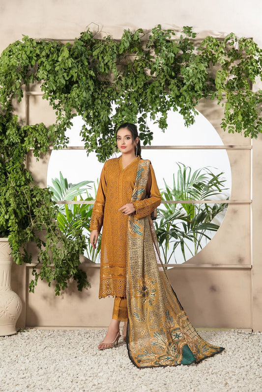 Khaadi 3Pc Embroidered Lawn Suit With Digital Printed Voil Dupatta