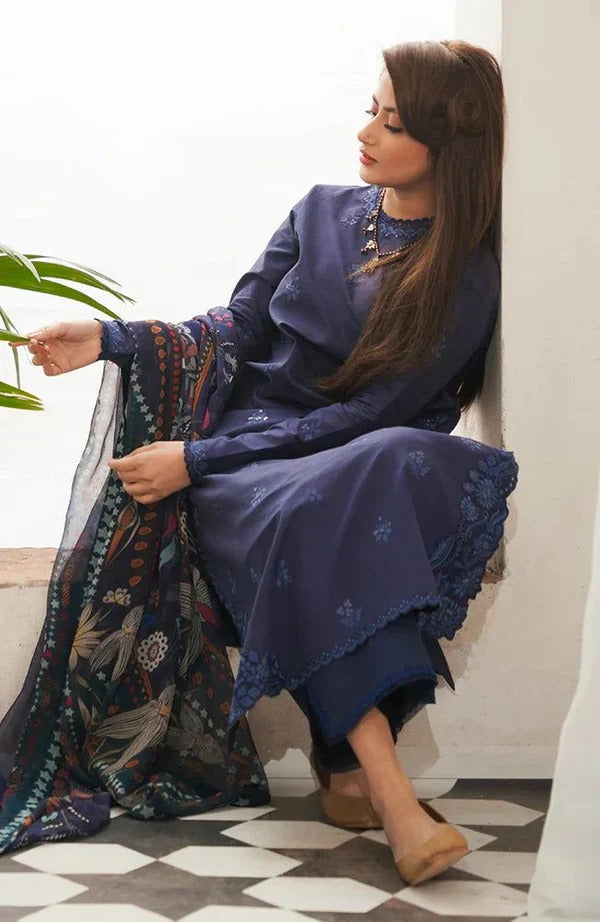 Afsaneh 3Pc Embroidered Lawn Suit With Digital Printed Voil Dupatta