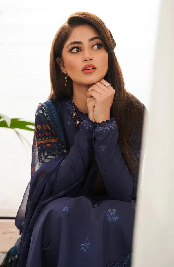 Afsaneh 3Pc Embroidered Lawn Suit With Digital Printed Voil Dupatta