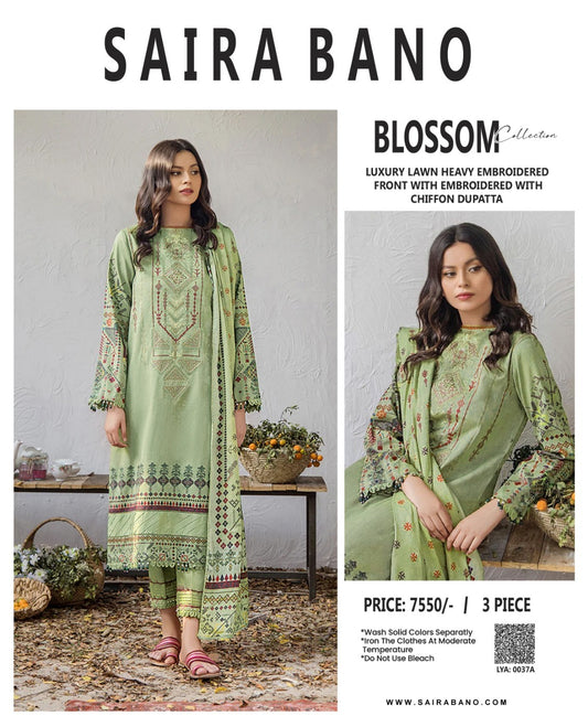 Saira Bano 3Pc Printed Embroidered Lawn Suit With Digital Printed Chiffon Dupatta