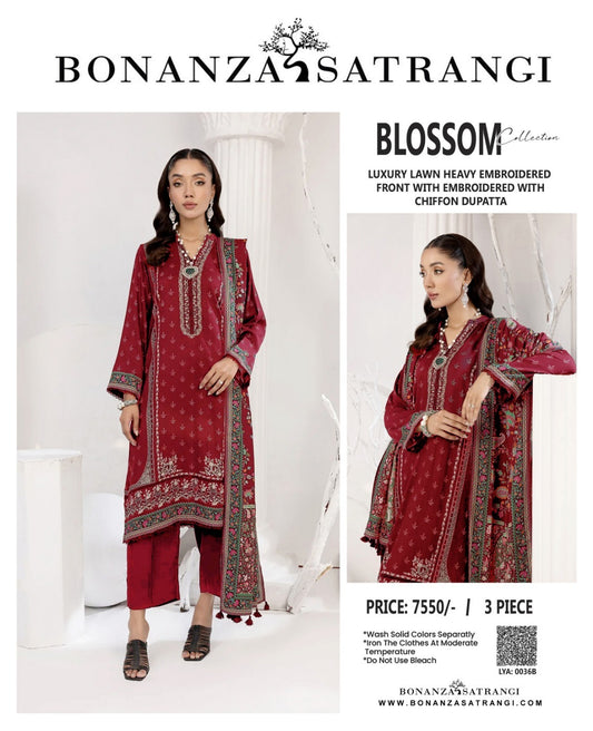 Bonanza Satrangi 3Pc Printed Embroidered Lawn Suit With Digital Printed Chiffon Dupatta