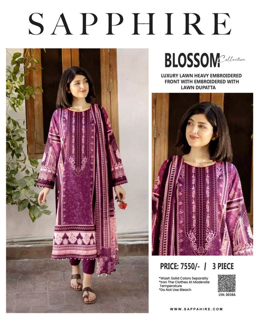 Sapphire 3Pc Printed Embroidered Lawn Suit With Digital Printed Lawn Dupatta