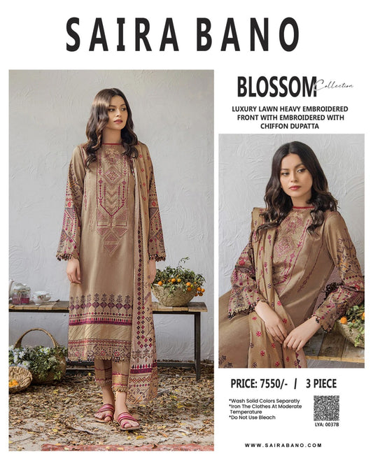 Saira Bano 3Pc Printed Embroidered Lawn Suit With Digital Printed Chiffon Dupatta