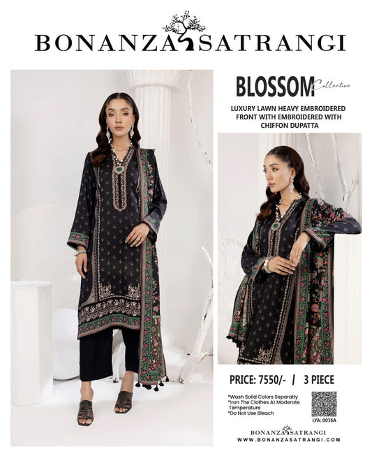 Bonanza Satrangi 3Pc Printed Embroidered Lawn Suit With Digital Printed Chiffon Dupatta