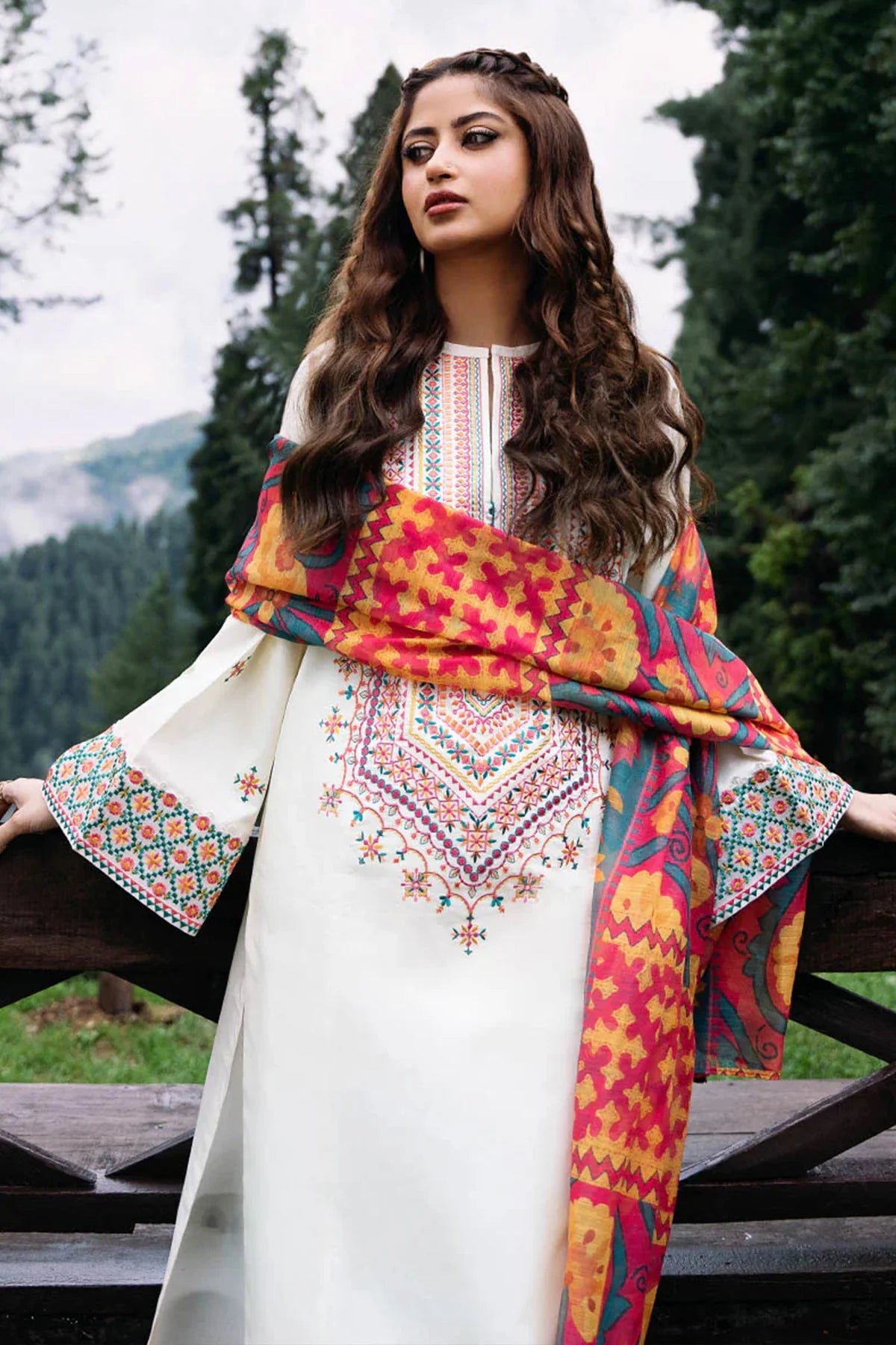 Sapphire 3Pc Embroidered Lawn Suit With Digital Printed Voil Dupatta