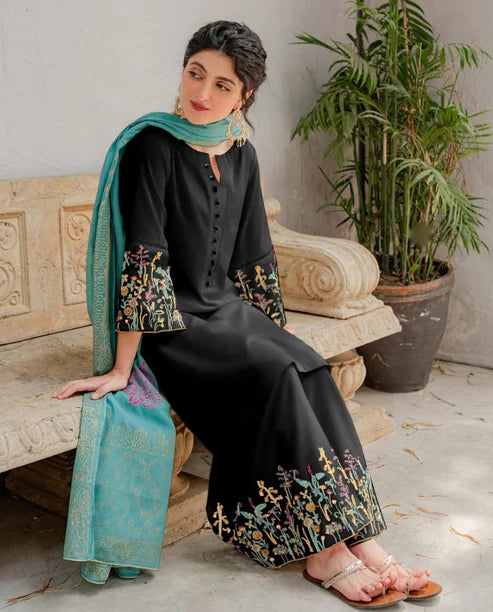 Asling 3Pc Embroidered Lawn Suit With Digital Printed Slub Dupatta