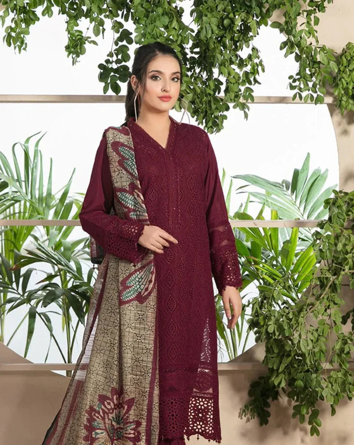 Khaadi 3Pc Embroidered Lawn Suit With Digital Printed Voil Dupatta