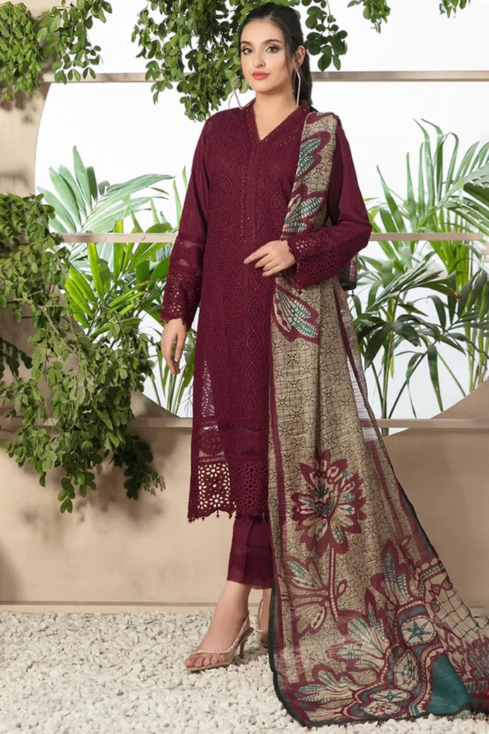 Khaadi 3Pc Embroidered Lawn Suit With Digital Printed Voil Dupatta