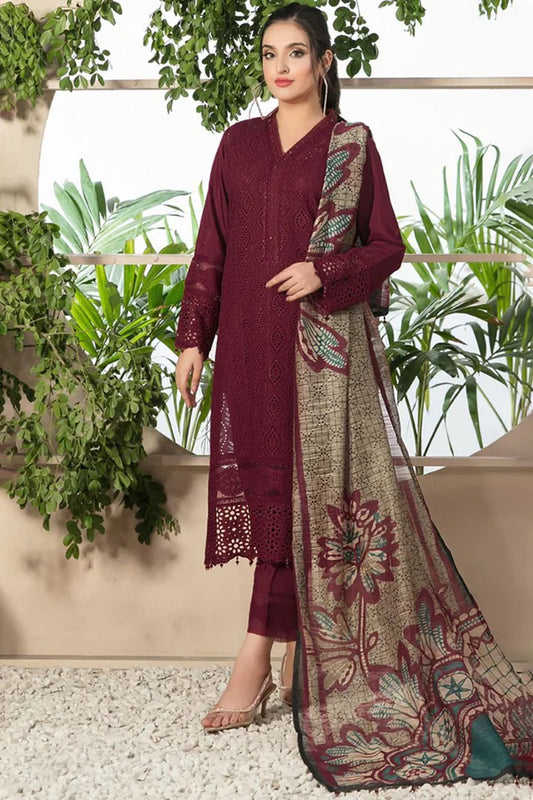 Khaadi 3Pc Embroidered Lawn Suit With Digital Printed Voil Dupatta