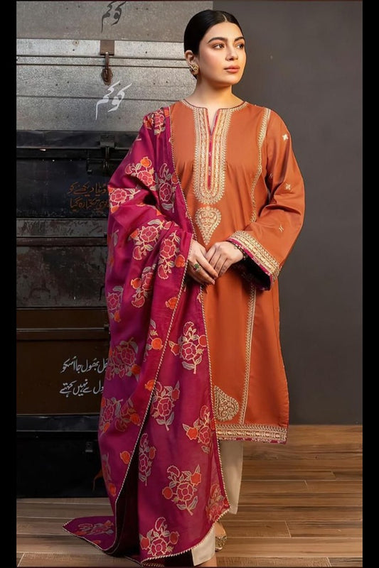 Kokum 3Pc Embroidered Lawn Suit With Digital Printed Voil Dupatta