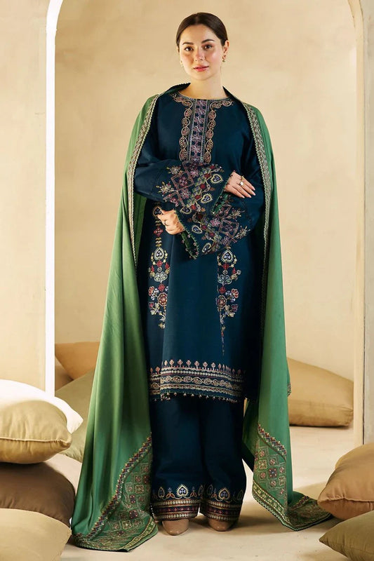 Zara Shahjahan 3Pc Dhanak Embroidered Suit With Dhanak Embroidered Shawl