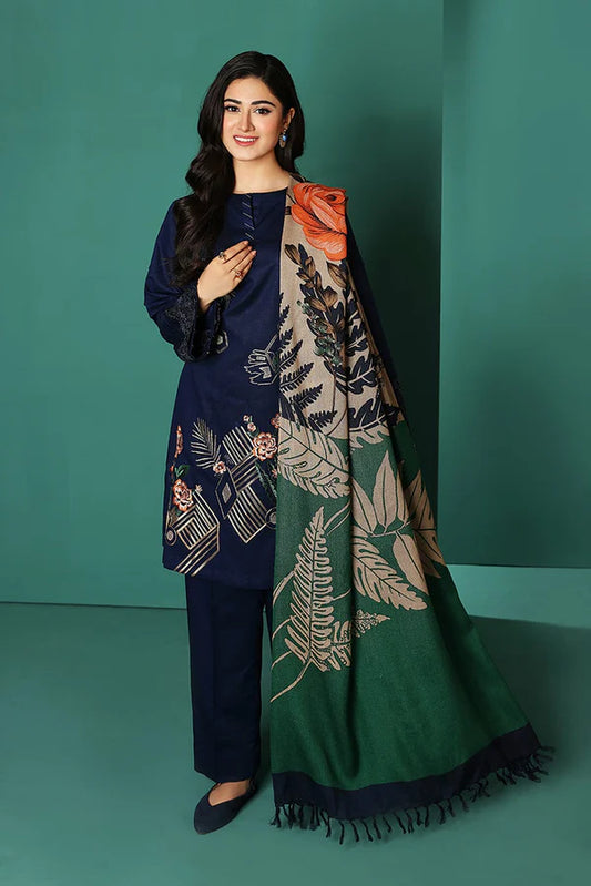 Nishat 3Pc Dhanak Embroidered Suit With Digital Printed Wool Shawl