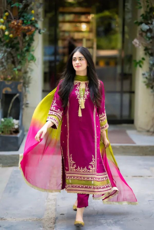 Omal 3Pc Embroidered Lawn Suit With Chiffon Tie N Dye Dupatta