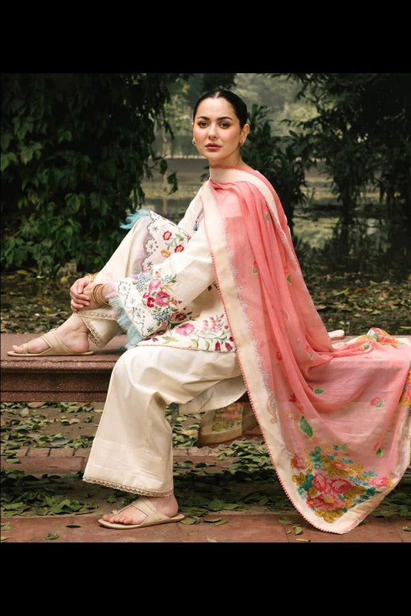 Zara Shahjahan 3Pc Embroidered Lawn Suit With Digital Printed Chiffon Dupatta