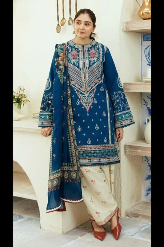 Zara Shahjahan 3Pc Embroidered Lawn Suit With Digital Printed Slub Cotton Dupatta