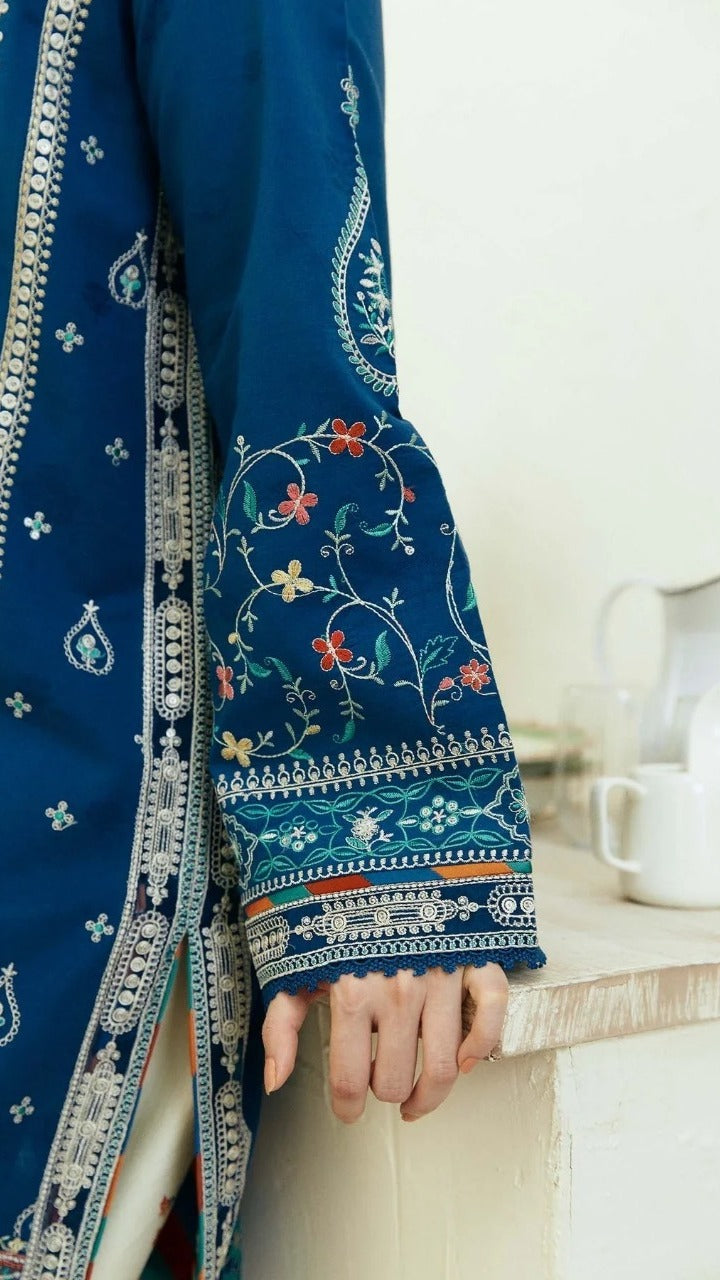 Zara Shahjahan 3Pc Embroidered Lawn Suit With Digital Printed Slub Cotton Dupatta